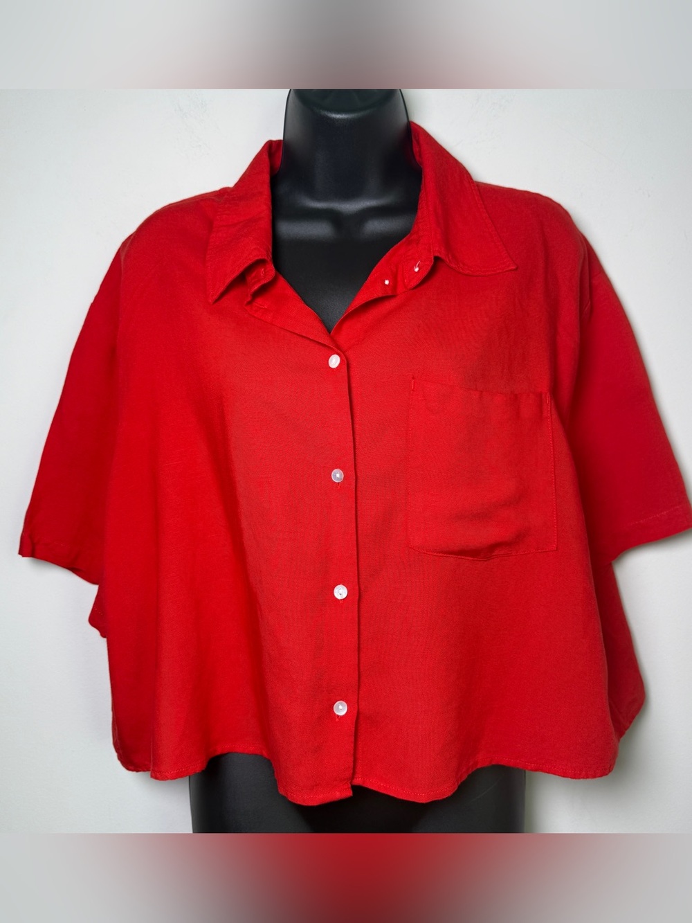 H&M Linen Blend Red Boxy Crop Button-Up Shirt Short Sleeve Oversized Size L